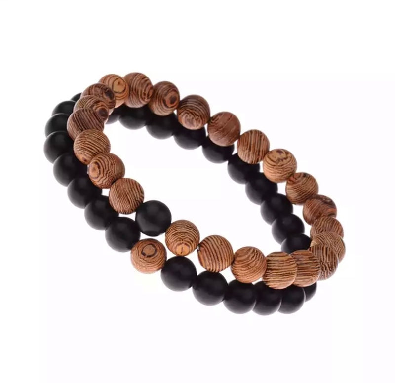Wood and Onyx handmade Friendship bracelet set