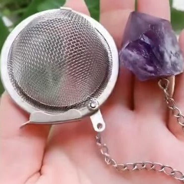 Tea Infuser with Amethyst or Rose Quartz Crystal -Stainless Steel