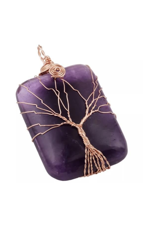 Natural Gem Stone Copper Wire Wrapped Tree of Life Healing Pendant