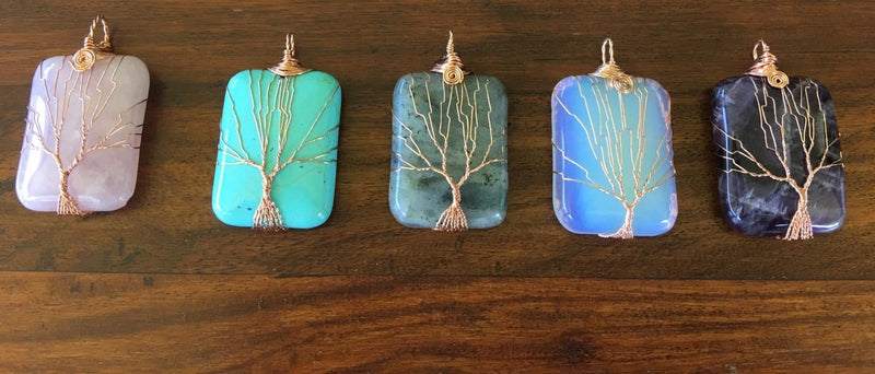 Natural Gem Stone Copper Wire Wrapped Tree of Life Healing Pendant