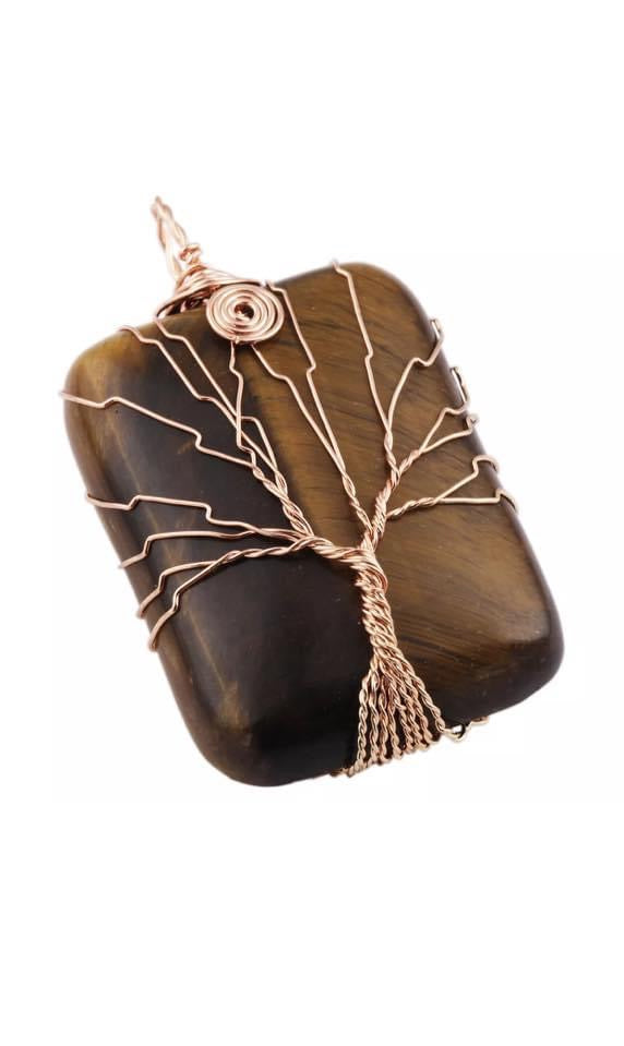Natural Gem Stone Copper Wire Wrapped Tree of Life Healing Pendant